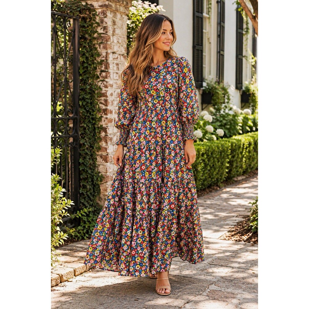 Boden Tiered Maxi Dress Paintbox Ditsy Floral Colorful 6P Smocked Sleeve Vibrant